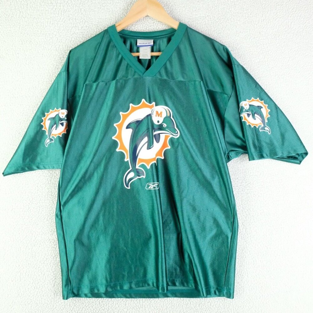 Miami Dolphins Jersey Mens Medium Green Short Sleeve V Neck Satin Reebok NFL